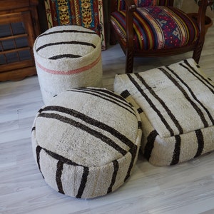 Handmade hemp cotton white black striped modern minimalist pouf round contemporary hemp simple design decorative floor pouf 24&quot;x10&quot; inches