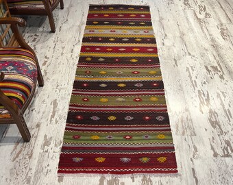 Striped Wool Kilim Runner Rug, Colorful Vintage Hallway Rug (8.2x2.6 ft)