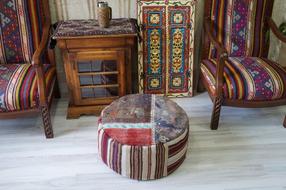 24X10 Ottoman Floor Seat Stool Pouf Round Wool Handmade Vintage