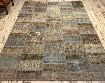 Handmade Turkish Patchwork Rug, Gray Blue Wool Carpet (7x10 ft)