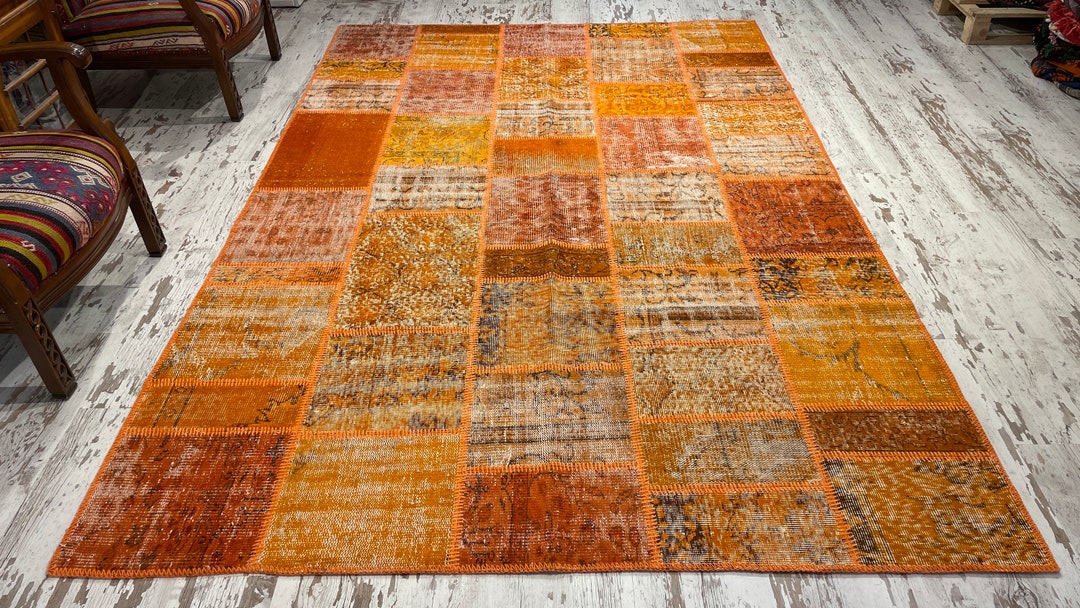 Handmade Vintage Orange Patchwork Rug, Turkish Carpet (9'8