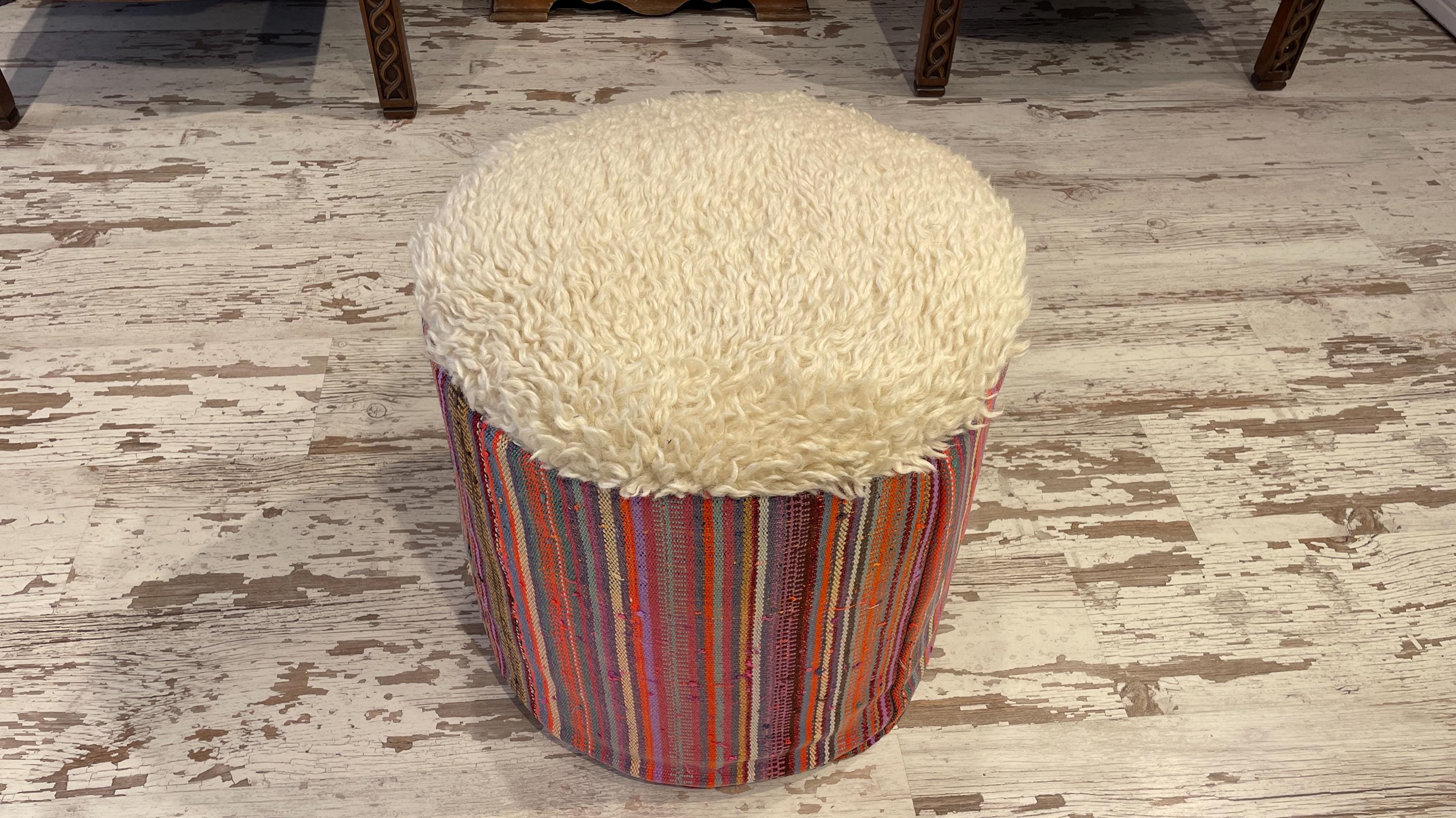 ottoman round minimalist contemporary modern pouf chair foot stool kids adult useful handmade Turkish wool pouf