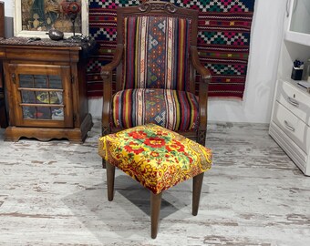 Handmade Ottoman Foot Stool: Vintage Bohemian Velvet, Wooden Legs