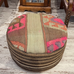 round handmade ottoman floor pouf decorative vintage triditional stool pouf chair natural wool material useful pouf 60x25 cm 24x10 inches