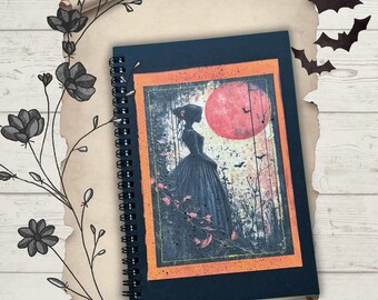 Full Moon Witch Notebook, Handmade Spiral Notebook with Sewn Pockets