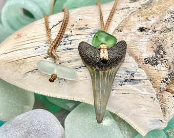 Fossilized Mako Tooth and Sea Glass Necklace