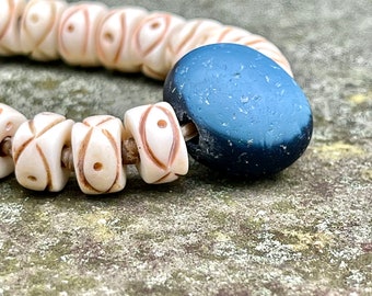 Blue Slag Glass & Carved Antler Beads