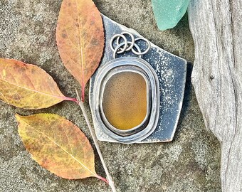 Dark Amber Sea Glass and Sterling Silver Pendant