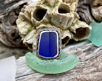 Cobalt Bottle Lip Sea Glass Ring, Sterling Silver