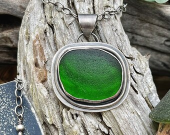 Emerald Green Sea Glass Pendant in Sterling