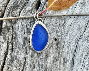 Cobalt Sea Glass and Sterling Silver Pendant