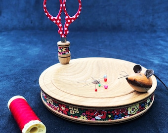 Liberty Fabric Oak Sewing Station: Magnetic Pin Tray & Scissor Holder