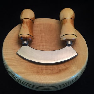 Mezzaluna Set, ULU, Handmade, Yew, Walnut, Sycamore, Gift, Mothers Day, Birthday, Anniversary, Kitchen, Chopping Board, Stainless Steel