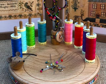 Liberty Fabric Sewing Work Station: Oak  8 Spool & Scissor Holder