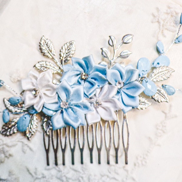 Pale Blue White Flower Hair Comb, Silver Leaves, Blue Beaded Vines, Silver Hair Comb, Wedding Accessory, Wedding Hairpiece, Bridal Comb