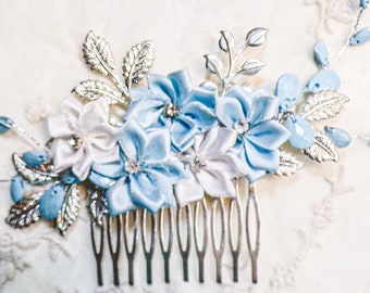 Pale Blue White Flower Hair Comb, Silver Leaves, Blue Beaded Vines, Silver Hair Comb, Wedding Accessory, Wedding Hairpiece, Bridal Comb