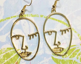 Gold Picasso Face Earrings, Gold Wink Earrings, Gold Earrings, Birthday Gifts, Gifts for Her, Dangle Earrings,Fun earrings