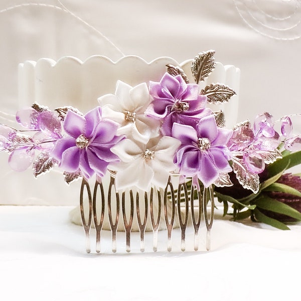 Purple White Flower Hair Comb, Silver Leaves, Purple Beaded Vines, silver hair comb, wedding accessory, wedding hairpiece, bridal comb