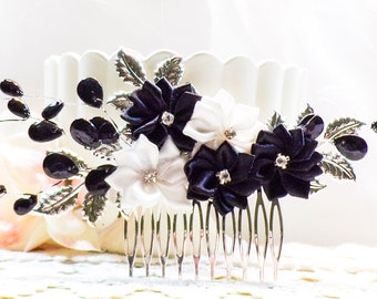 Black White Flower Hair Comb, Silver Leaves, Black Beaded Vines, silver hair comb, wedding accessory, wedding hairpiece, bridal comb