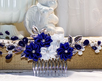 Blue and White Flower Hair Comb, Wedding Hair Comb, Bridal Hair Accessories, Floral Hairpiece, Wedding Accessory, Blue Hair Comb