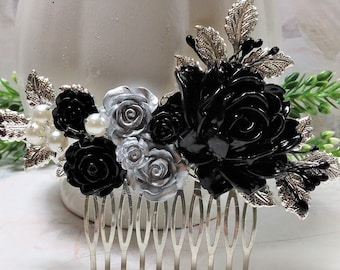 Silver and black hair comb, Silver hair accessories, Wedding hair pieces, Bridal hair comb, Elegant hair accessories, Evening jewelry