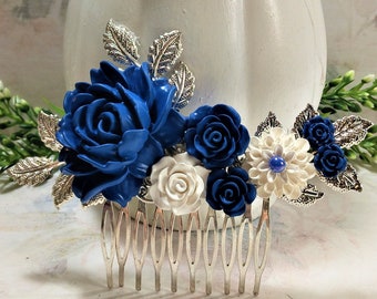 Blue and white wedding hair comb, blue bridal hairpiece, floral hair comb, wedding accessory, wedding jewelry, bridesmaid hairpiece, wedding