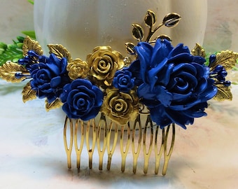 Blue and gold wedding hair comb, blue bridal hairpiece, floral hair comb, wedding accessory, wedding jewelry, bridesmaid hairpiece, wedding