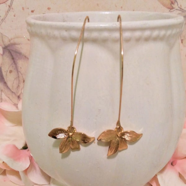Gold orchid earrings, Flower earrings, Gold dangle earrings, Floral earrings, Birthday gifts, Gifts for her, Mother's day gifts
