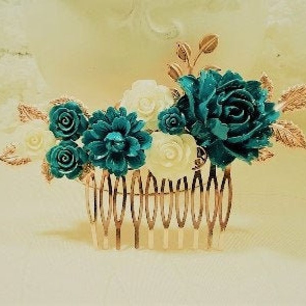 Teal and White Wedding Comb, Rose Gold Wedding Comb, Bridal Hair Comb, Garden Wedding, Hair Accessory, Teal Color, Hair Comb, Bridal Comb