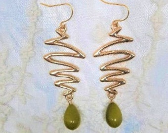 Gold geometric earrings, Olive green and gold dangle earrings, Geometric style jewelry, Unique earrings, Gifts for her, Birthday gifts