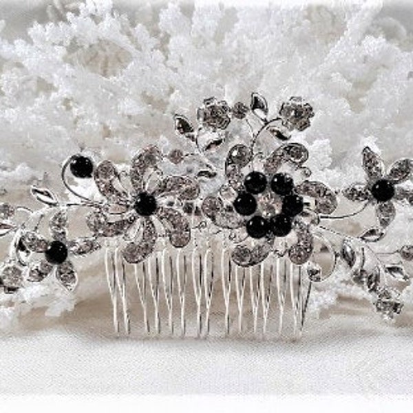 Rhinestone, black and silver hair comb, rhinestone hairpiece, wedding jewelry, hair accessories, bridal hairpiece, romantic hairpiece, combs