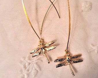 Dragonfly earrings, Gold dragonfly dangle earrings, Dragonfly jewelry, Unique earrings, Gifts for her, Birthday gifts, Insect jewelry