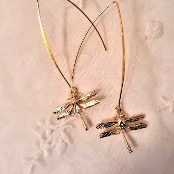 Dragonfly earrings, Gold dragonfly dangle earrings, Dragonfly jewelry, Unique earrings, Gifts for her, Birthday gifts, Insect jewelry