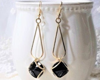Black crystal earrings, black and gold earrings, Black dangle earrings, Black jewelry, Gifts for her, Birthday gifts, Anniversary Gifts