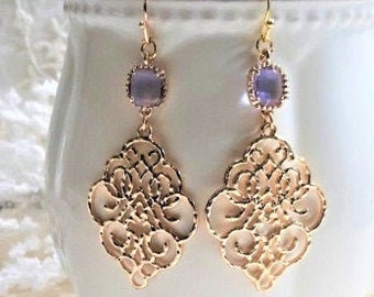 Gold and purple earrings, gold earrings, wedding earrings, wedding jewelry, bridal earrings, gifts for her, dangle earrings,bridesmaid gifts