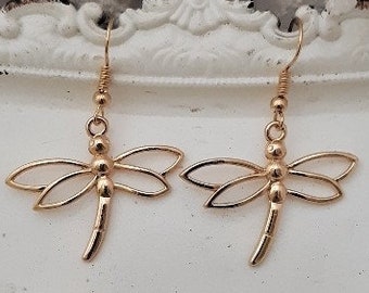 Dragonfly earrings, Gold dragonfly jewelry, Gold dangle earrings, Insect jewelry, Unique earrings, Gifts for her, Birthday gifts