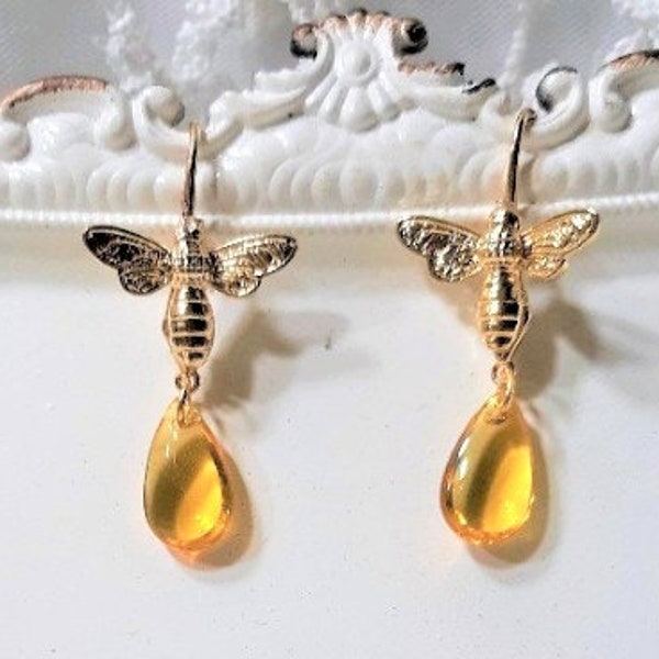 Honey bee earrings, Honeybee jewelry, Gold dangle earrings, Gifts for her, Fun jewelry, Unique earrings, Birthday gifts, Anniversary