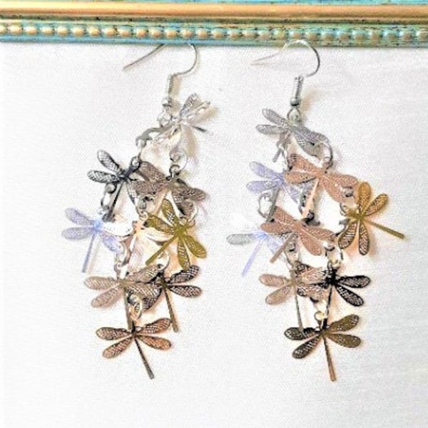 Dragonfly earrings, Gold silver and rose gold dragonfly charm earrings, Dangle earrings, Gifts for her, Unique jewelry, Dragonfly jewelry