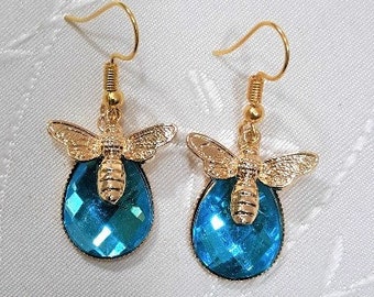 Gold and teal honey bee earrings, bee earrings, teal earrings, dangle earrings, gifts for her, bee jewelry, honey bees, silver earrings