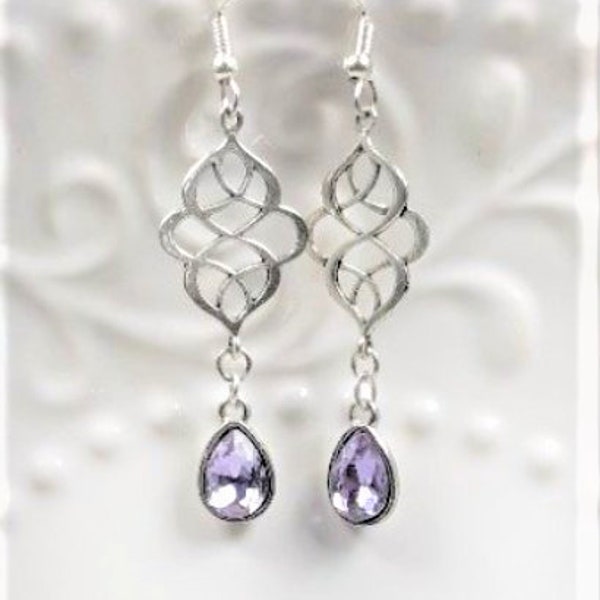 Light purple and silver earrings, silver dangle earrings, gifts for her, birthday gifts, wedding jewelry, vintage,  silver celtic earrings