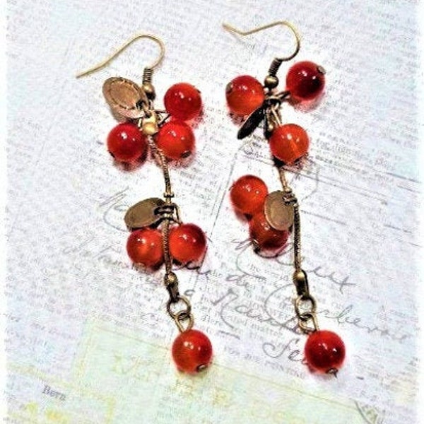 Red beaded earrings, Dangle earrings, Red earrings, Bronze earrings, Gifts for her, Birthday gifts, Anniversary gifts, Mothers day gifts