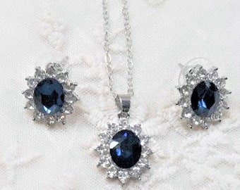 Sapphire blue and rhinestone necklace set, Blue wedding jewelry, Bridal jewelry, Sapphire earrings and necklace, Sapphire jewelry