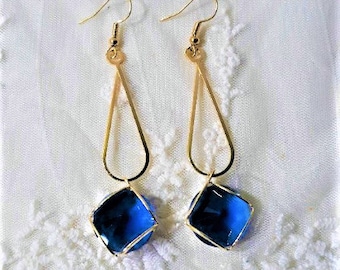 Blue crystal earrings, Blue and gold earrings, Blue dangle earrings, Royal blue jewelry, Something blue, Gifts for her, Birthday gifts