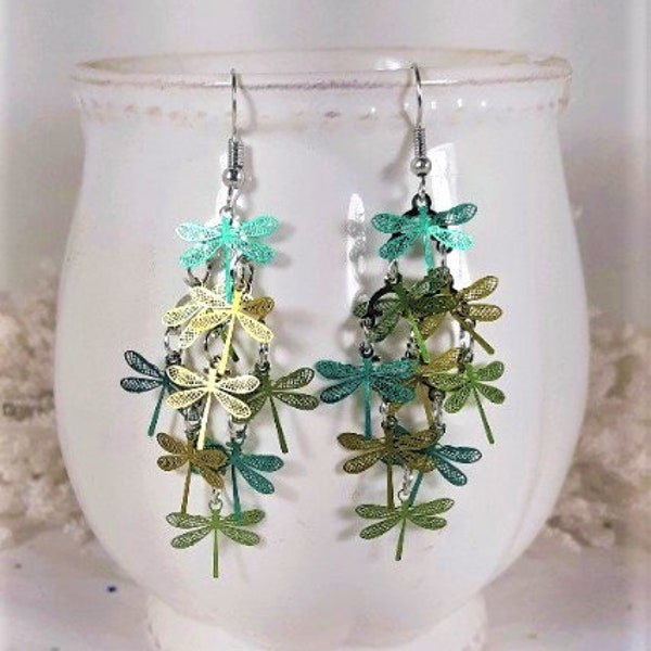 Dragonfly earrings, Shades of green dragonfly charm earrings, Dangle earrings, Gifts for her, Unique jewelry, Dragonfly jewelry