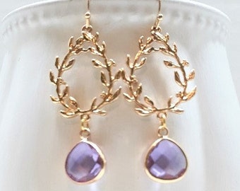 Light Purple Gold Laurel Wreath Dangle Earrings, Purple Wedding Jewelry, Bithday Gift for Her, Bridal Earrings, Laurel Wreath Jewelry