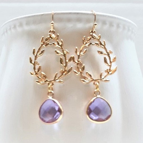 Light Purple Gold Laurel Wreath Dangle Earrings, Purple Wedding Jewelry, Bithday Gift for Her, Bridal Earrings, Laurel Wreath Jewelry