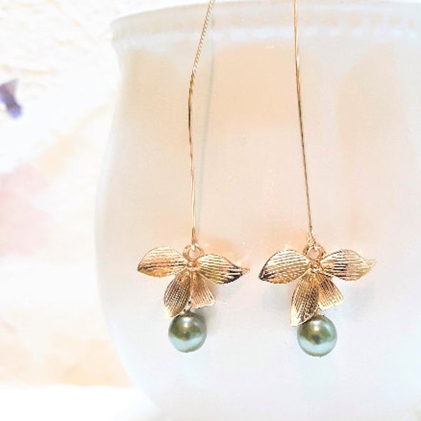 Sage Green Pearl Orchid Flower Earrings, Olive Green Bridal Earrings, Bridesmaid Earrings, Gift for Her, Birthday gifts, Mother's day gifts