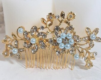 Light blue, rhinestone and gold hair comb, wedding accessories, bridal jewelry,rhinestone hairpiece, glamourous and sparkly hairpiece