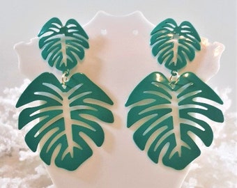 Teal green bohemian inspired leaf earrings, Large green leaf dangle earrings, Bohemian jewelry, Gifts for her, Monstera earrings, Gifts