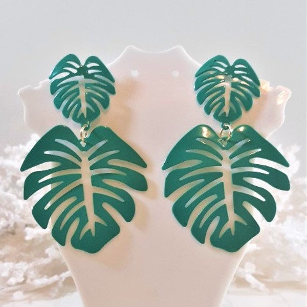 Teal green bohemian inspired leaf earrings, Large green leaf dangle earrings, Bohemian jewelry, Gifts for her, Monstera earrings, Gifts